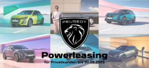 Eine Collage aus unterschiedlichen Modell-Bildern von Peugeot-Autos mit einem Peugeot-Logo in der Mitte